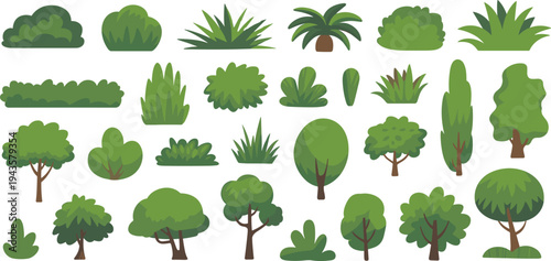 Cartoon forest plants and trees collection in flat vector style featuring bushes, shrubs and tropical foliage elements for nature design, landscaping graphics and eco illustration