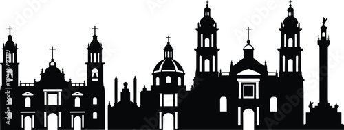 Black silhouette illustration of iconic Mexico City landmarks including Angel of Independence, colonial churches, domes, and historic architecture skyline representing cultural heritage and tourism