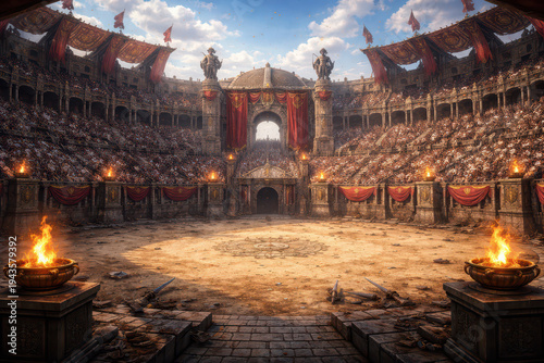 An ancient gladiatorial arena filled with spectators under a blue sky.