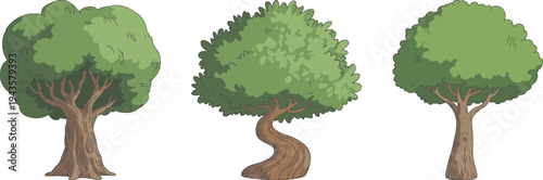Cartoon forest trees with lush green foliage and twisted trunk shapes, flat vector nature illustration set isolated for woodland design, landscaping graphics and eco themes
