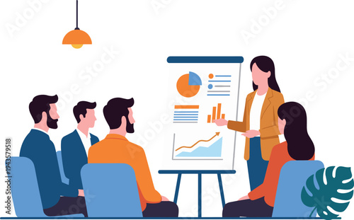 Illustration of business meeting presentation with professional team, presenter showing charts and graphs on flip chart, symbolizing teamwork, corporate communication, data analysis, and collaboration