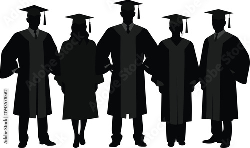 Silhouette illustration of graduates in academic gowns and mortarboard caps standing together, symbolizing education, achievement, success, celebration, and academic accomplishment in diverse student 