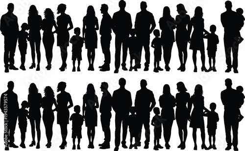 Silhouette illustration of diverse community group with families, adults, and children standing together in unity, symbolizing diversity, social connection, and human relationships