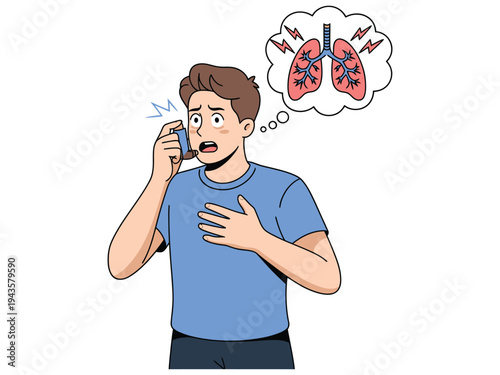 Man uses asthma inhaler experiencing difficulty.