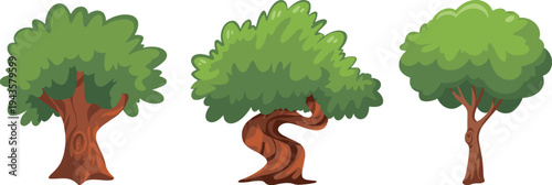 Stylized cartoon forest trees with twisted trunks and lush green foliage, flat vector nature illustration set isolated for woodland design, landscaping graphics and eco themes