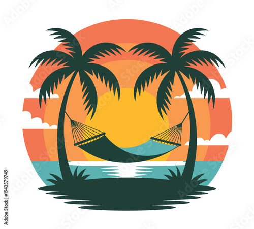 Hammock swings between palm trees at tropical.