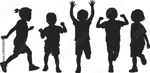 WebFlat vector illustration of children silhouettes running, jumping, playing, joyful expressive poses, dynamic motion design, abstract human figures artwork