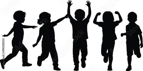 WebFlat vector illustration of children silhouettes running, jumping, playing, joyful expressive poses, dynamic motion design, abstract human figures artwork