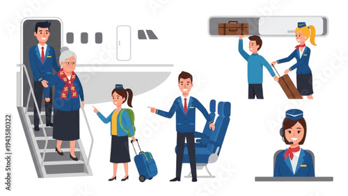 Professional airline cabin crew assisting diverse passengers with boarding, luggage, and in-flight services