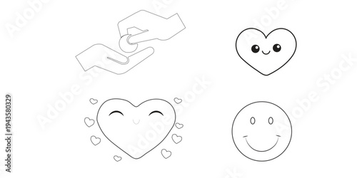 A set of four hand drawn emoticon faces with smiling expressions