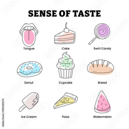 Taste Sense, Human Sense Nervous System Feeling Icon Collection with Tongue, candy, pizza, ice cream, bread, watermelon slice, cupcake, donut, cake, Anatomy Human Body Part