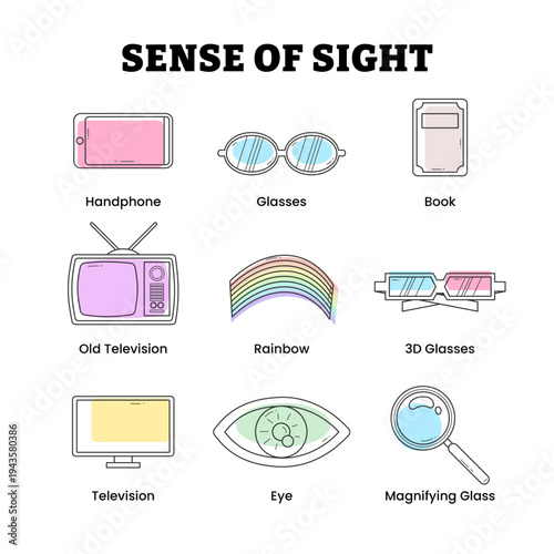 Sight Sense, Eye Vision Human Sense Nervous System Feeling Icon Collection with Magnifier, television, Display, Book, Eyeglasses, 3d Glasses, Phone, Rainbow. Anatomy Human Body Part