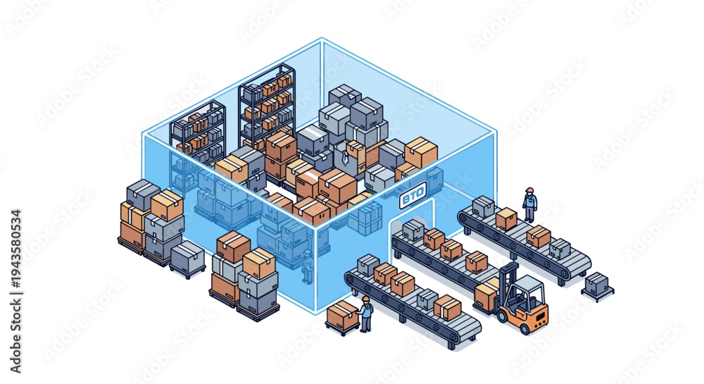 Obraz premium An isometric view of a warehouse shows numerous stacked cardboard boxes, two workers, a forklift, and multiple conveyor belts within a blue-tinted structure.