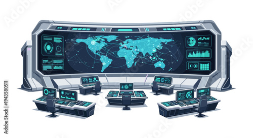 A high-tech control room features a large curved screen displaying a glowing blue world map and multiple data visualizations surrounded by six workstations.