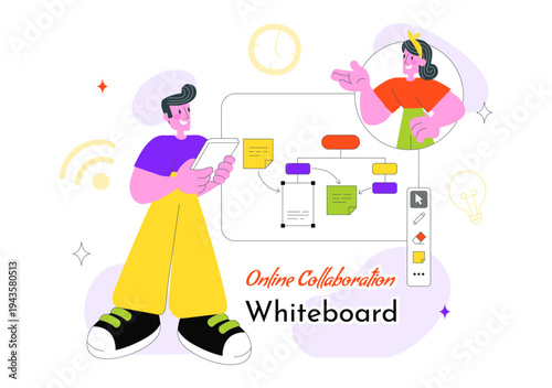 Online Collaboration Whiteboard Tools Vector Illustration With Team Brainstorming, Remote Work Communication, And Digital Planning Board Background
