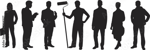 WebFlat vector illustration of diverse professional silhouettes standing together, different occupations, teamwork concept, modern minimal design, abstract human figures artwork