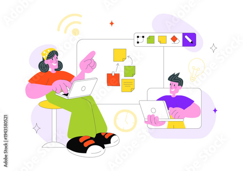 Online Collaboration Whiteboard Tools Vector Illustration With Team Brainstorming, Remote Work Communication, And Digital Planning Board Background