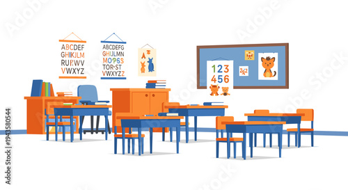 An empty, vibrant elementary school classroom is depicted with orange and blue furniture, educational posters, and a large bulletin board on a white background.