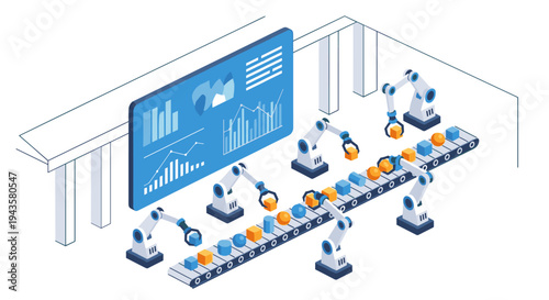 An automated factory floor with six robotic arms manipulating blue and orange geometric shapes on a conveyor belt is shown with a large data display screen.