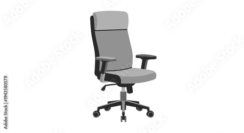 A grey office chair with a high back and five-wheeled base is presented at a slight angle on a clean white background.