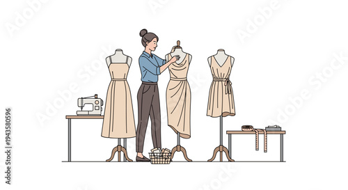 A female fashion designer adjusts a draped dress on a mannequin, surrounded by two other mannequins and a sewing machine against a white background.
