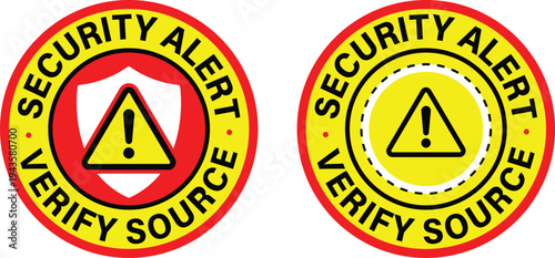 Alert Verify Source warning badge set with exclamation caution symbol in circular yellow and red seal design, cybersecurity awareness label collection for scam prevention, fake news checks, security, 