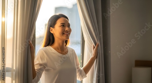 Woman Opening Curtains and Smiling, Welcoming the Day Free Download Woman Opening Curtains and Smiling, Welcoming the Day - GFXLoad