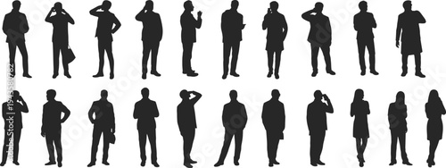 Flat vector illustration of diverse silhouettes using phones, professional people standing, communication concept, modern minimal design, abstract human figures artwor
