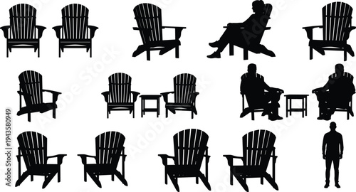 Adirondack wooden chairs silhouettes collection with seated people relaxing outdoors, patio garden furniture vector illustration set isolated on white background