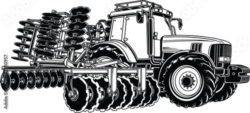 Agricultural tractor with disc harrow plow attachment for soil cultivation, modern farming machinery equipment vector illustration isolated on white background for agriculture industry concept