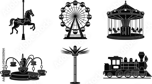 Amusement park rides silhouettes collection with carousel horse, Ferris wheel, swing ride, tea cups and roller attractions, carnival entertainment vector illustration isolated on white