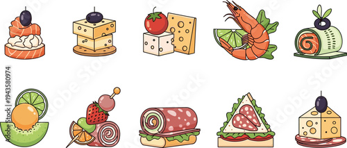Assorted gourmet food icons including seafood, cheese, sushi, fruits and sandwiches, colorful restaurant menu ingredients vector illustration set isolated on white background