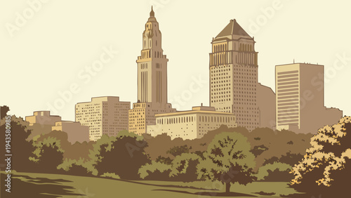 Urban Skyline View with Historic Tower and Modern Buildings Framed by Lush Green Park Landscape Background columbus skyline vector