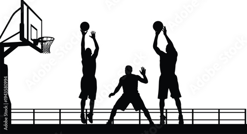 Basketball players silhouettes jumping and shooting ball near hoop, outdoor street court sports action vector illustration set isolated on white background