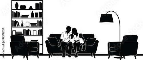 Black and white silhouette illustration of family sitting on couch in cozy living room with furniture, bookshelf, lamp, and decor, artwork concept for home, lifestyle, and design projects