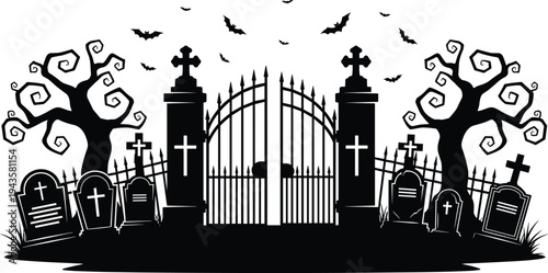 Black and white silhouette illustration of haunted graveyard with gate, gravestones, twisted trees, and bats, symbolizing Halloween, horror, mystery, darkness, and creative artwork projects