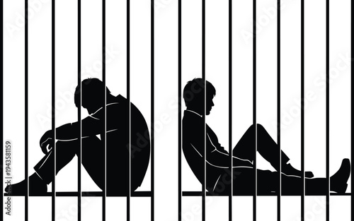 Black and white silhouette illustration of two prisoners sitting behind vertical bars in separate cells, artwork concept for incarceration, isolation, justice, confinement, and design projects