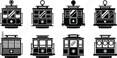 Black and white vector illustration of eight stylized trolley cars or trams with unique front-facing designs, artwork concept for transportation, urban travel, vehicles, and design projects