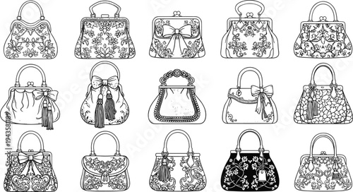 Black and white vector illustration of fifteen artistic handbags with floral motifs, bows, tassels, and ornate decorative patterns, artwork concept for fashion, accessories, style, and design projects