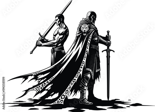 Black and white silhouette illustration of two warriors standing back-to-back, one armored knight with cape and one muscular fighter, artwork concept for battle, strength, and design projects