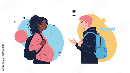 Pregnant Black woman with a backpack talking to a male student in a hoodie on a stylized background with colorful shapes.