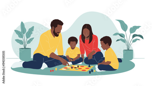 Happy Black family of four sitting on the floor together playing a colorful board game in their cozy living room at home.