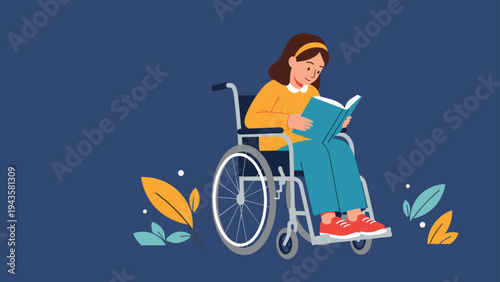 Young girl in a wheelchair reading a blue book in a peaceful outdoor setting surrounded by colorful leaves and nature.