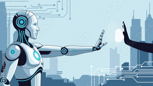 Futuristic humanoid robot reaching out to touch a human hand against a blue city skyline with circuit board patterns.