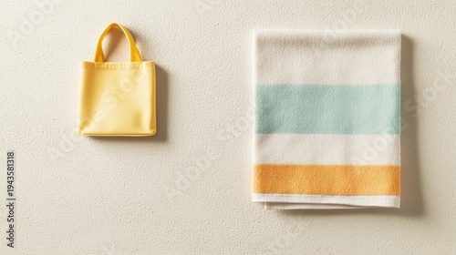 A sandy texture with a beach towel and a faint shadow of a bag,