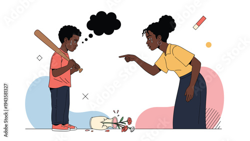Angry Black mother scolding her young son for breaking a flower vase while playing with a baseball bat inside the house.