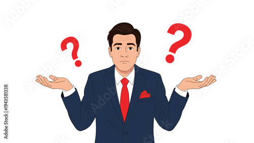 Confused businessman in a suit shrugging his shoulders with question marks around his head as if seeking for an answer.