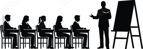 Black silhouette illustration of classroom scene with teacher presenting to students at desks and easel board, artwork concept for education, training, learning, seminar, and design projects