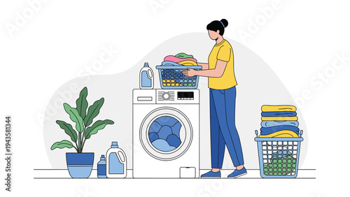 Young woman standing by a washing machine loading a laundry basket with fresh clothes and various detergent bottles nearby.