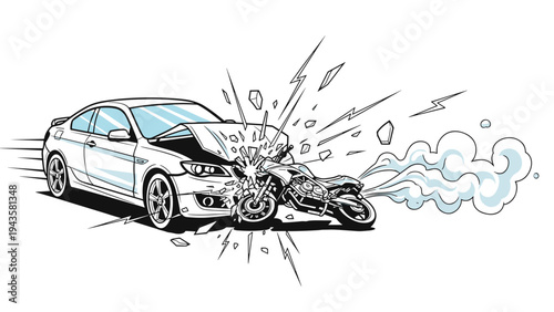 Dynamic comic book style illustration of a car accident involving a white sedan and a motorcycle with flying debris and smoke.
